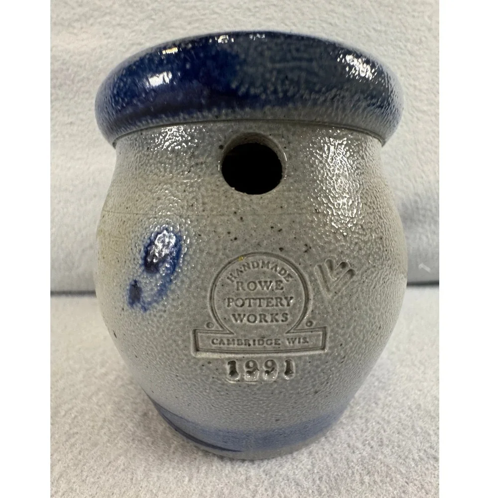 Vintage Rowe Pottery Works Garlic Keeper 1991 Grey Blue Salt Glaze Stoneware